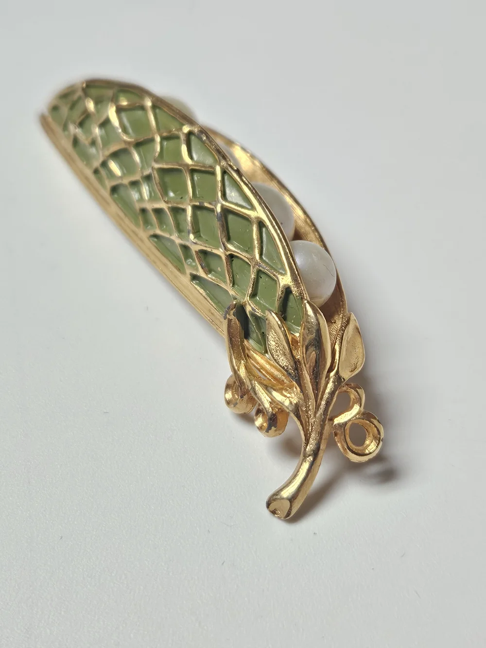 Gold-Tone Green Enamel Pea Pod Brooch with Pearl Accents